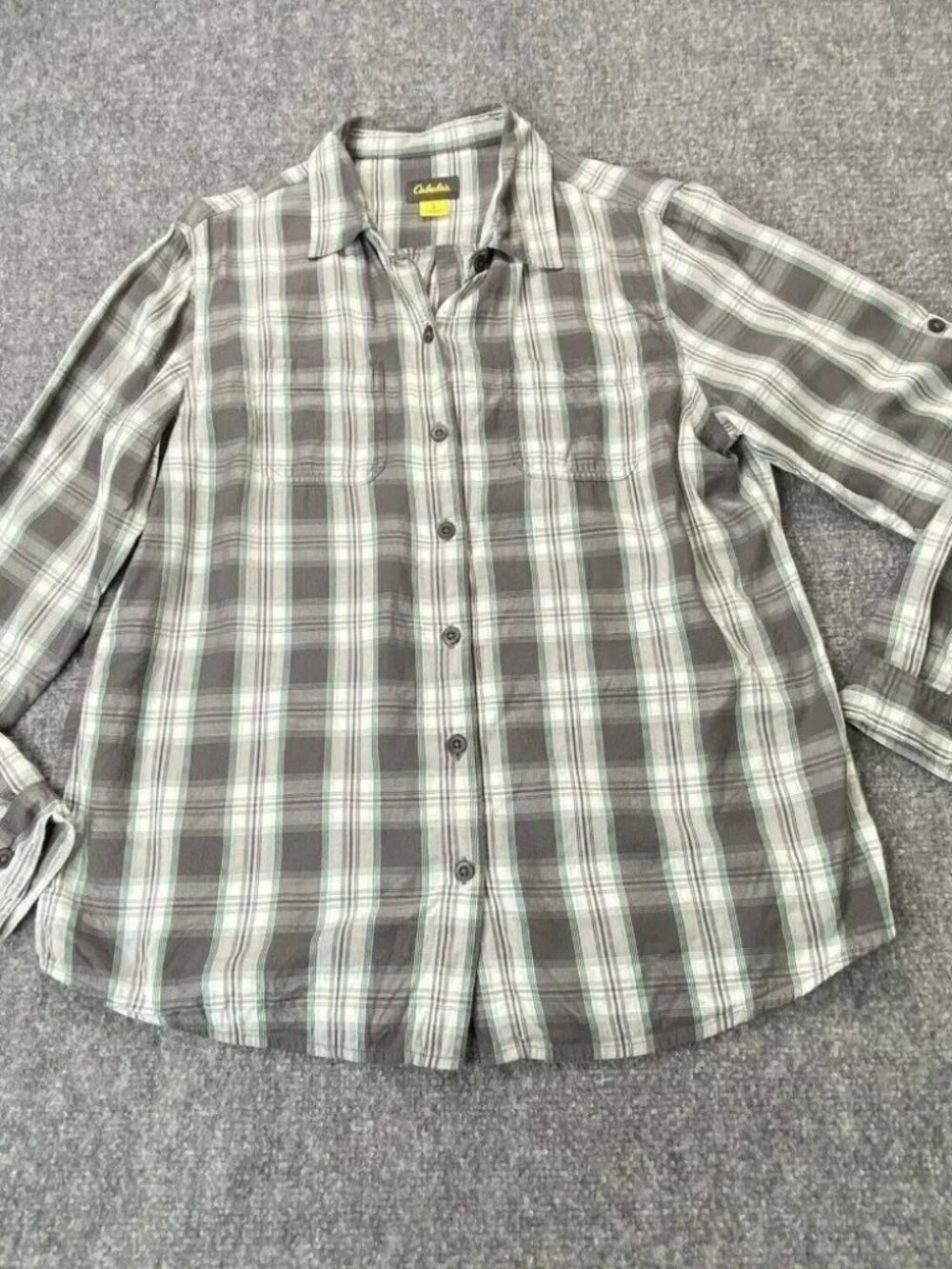 Cabelas Shirt Womens L Gray Green Plaid Button Roll Tab Sleeve Outdoor Utility